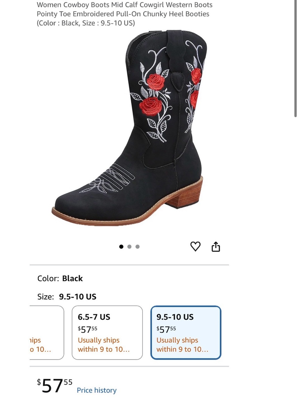 Black Women's Embroidered Cowgirl Boots with Red Rose Motif